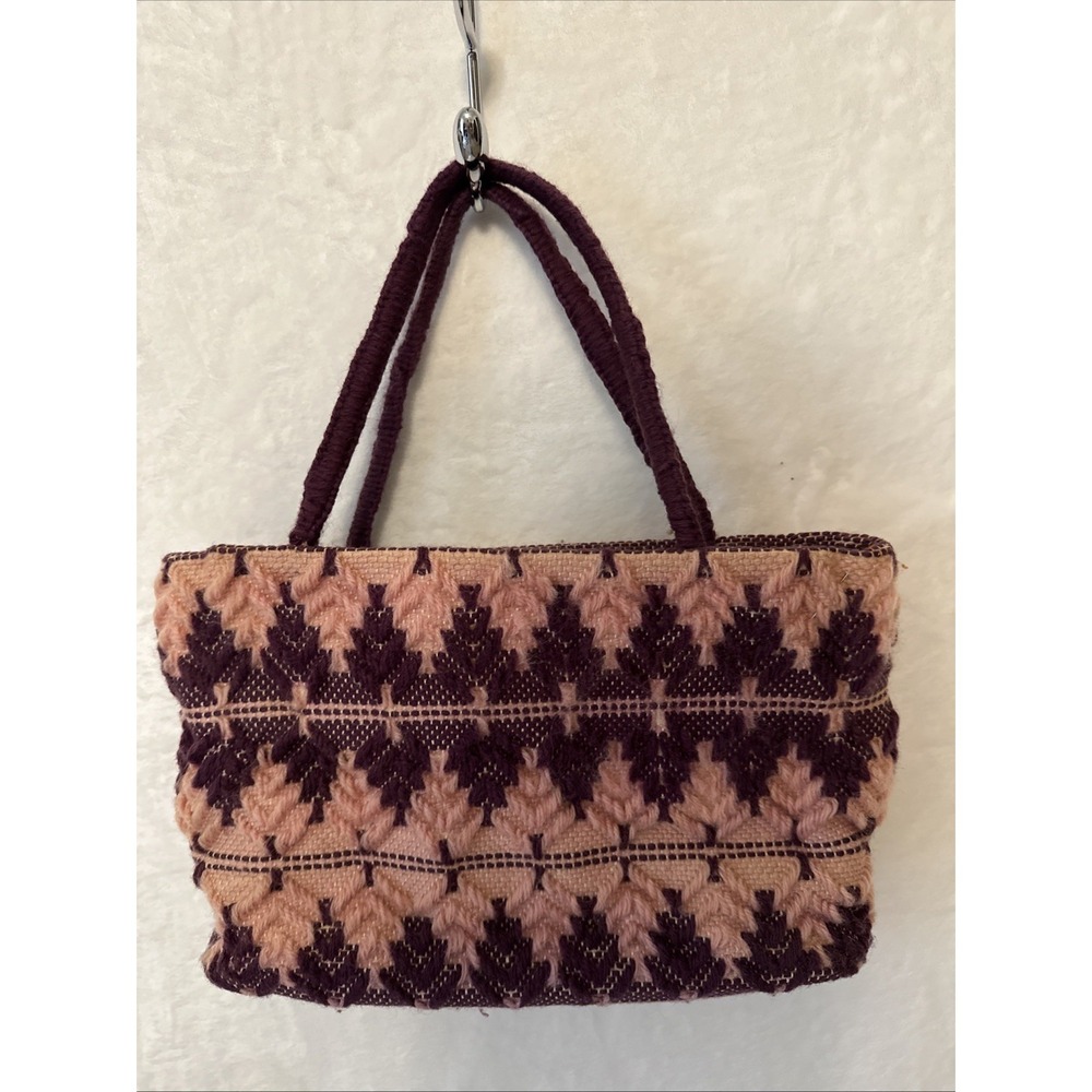 Vintage 50s 60s Medium Wool Carpet Bag Purse Handbag Plum And Blush Pink
